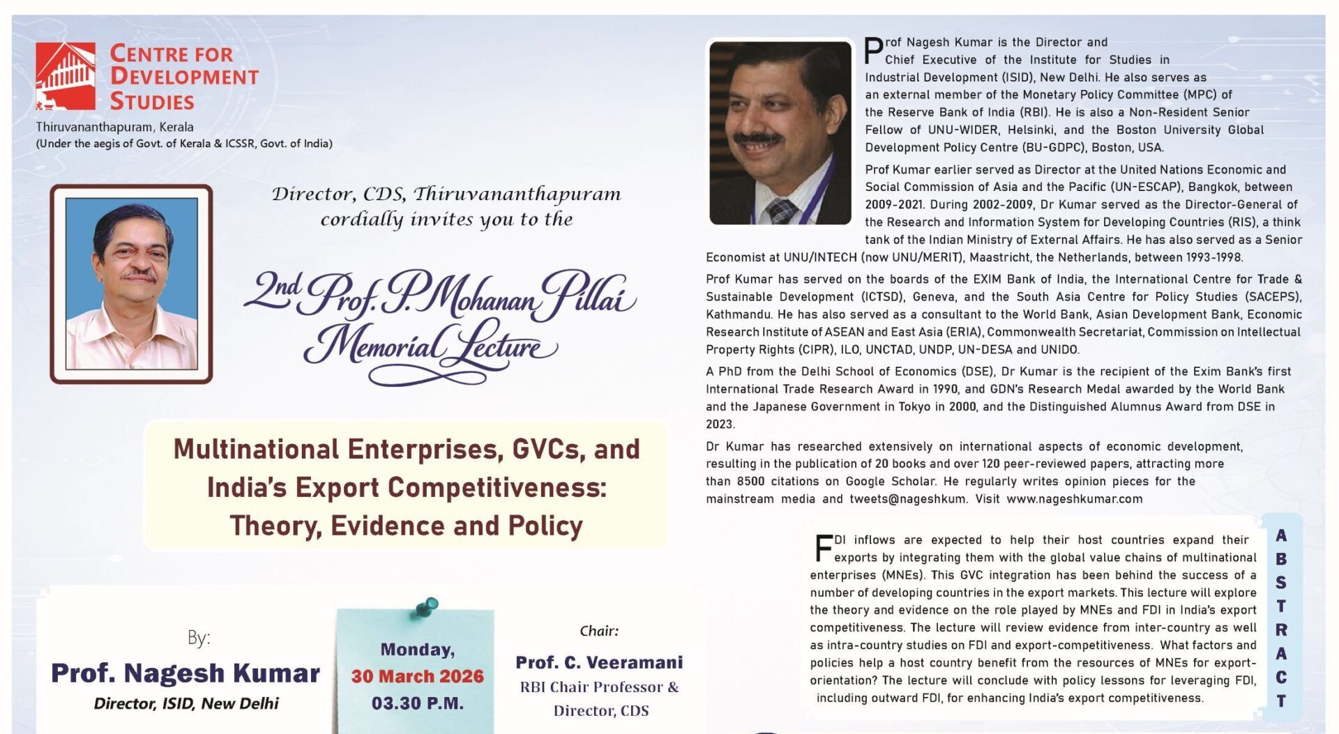 Second Prof P Mohanan Pillai Memorial Lecture by Prof Nagesh Kumar Director-ISID